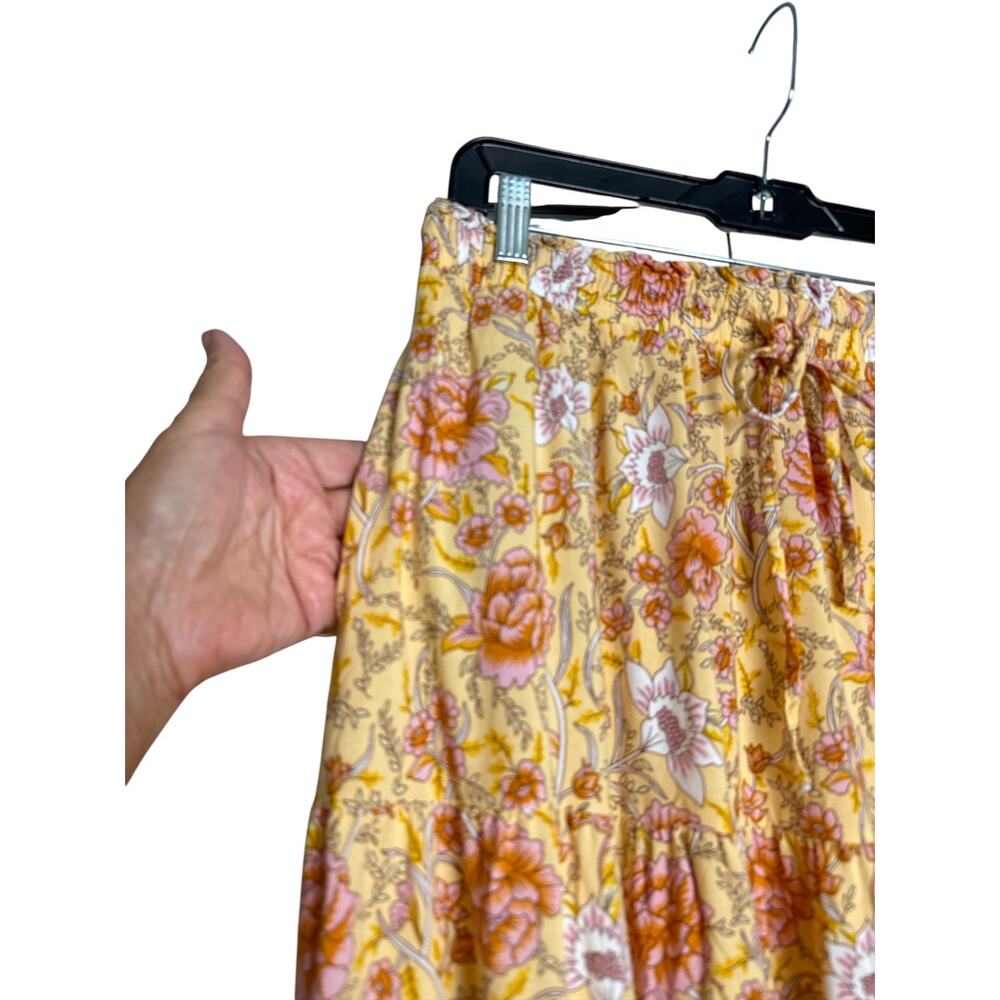 ZESICA XL Boho Floral Maxi Skirt Yellow Pink Border Print Rayon Tiered - Picture 4 of 9